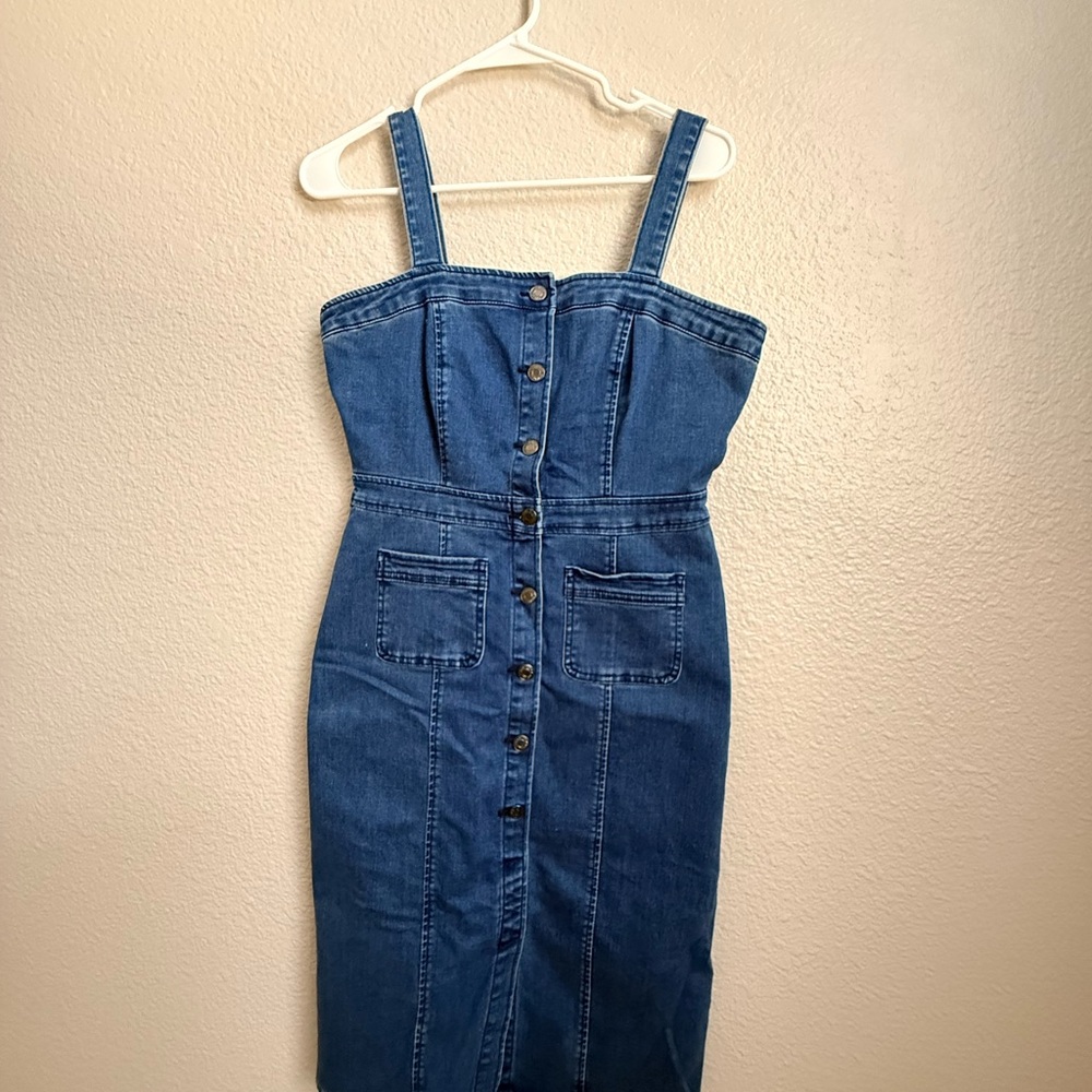 New York & Company Blue Denim Button-Front Women's Overall Dress